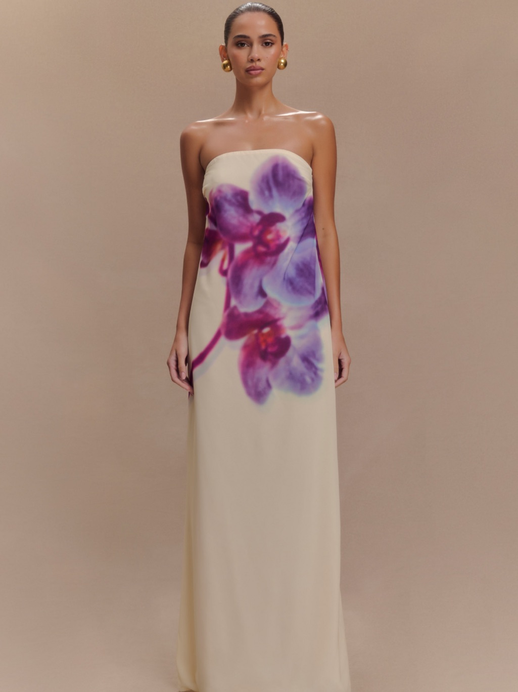 Meshki Amaya Strapless Chiffon Maxi Dress - Ivory Koi Orchid Print.